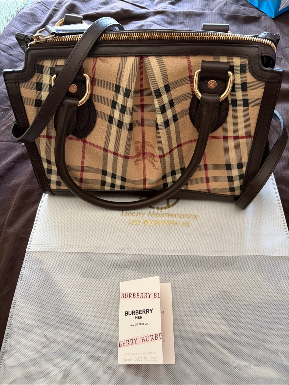 Burberry Beige Check Canvas Satchel with Dark Brown Trim